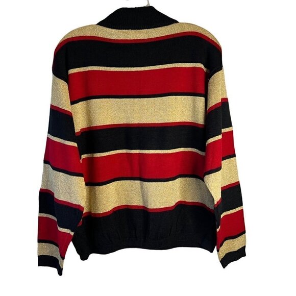 LISE J Women's Mock Neck Size L Red, Black & Gold Glitter Striped Sweater - Picture 2 of 4